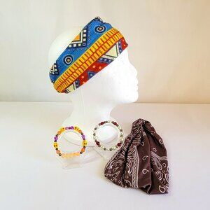 Multicolor And Brown Bandana Boho Headbands With Matching Bracelet Sets, Womens